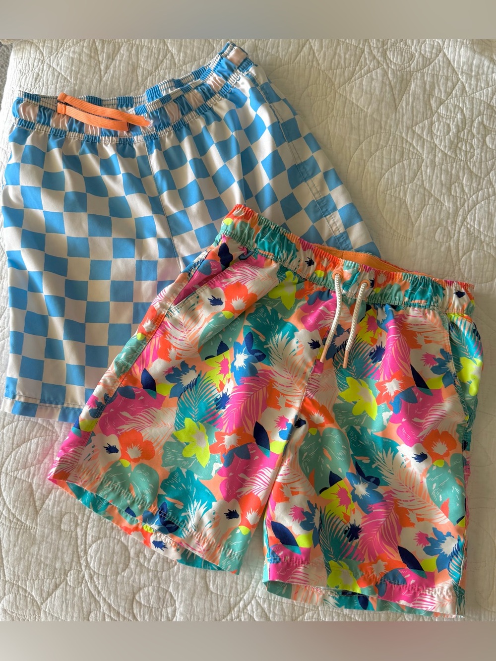 2 PAIRS of CAT & JACK Boys Drawstring Swim Shorts / Trunks Neon Blue, Orange - L